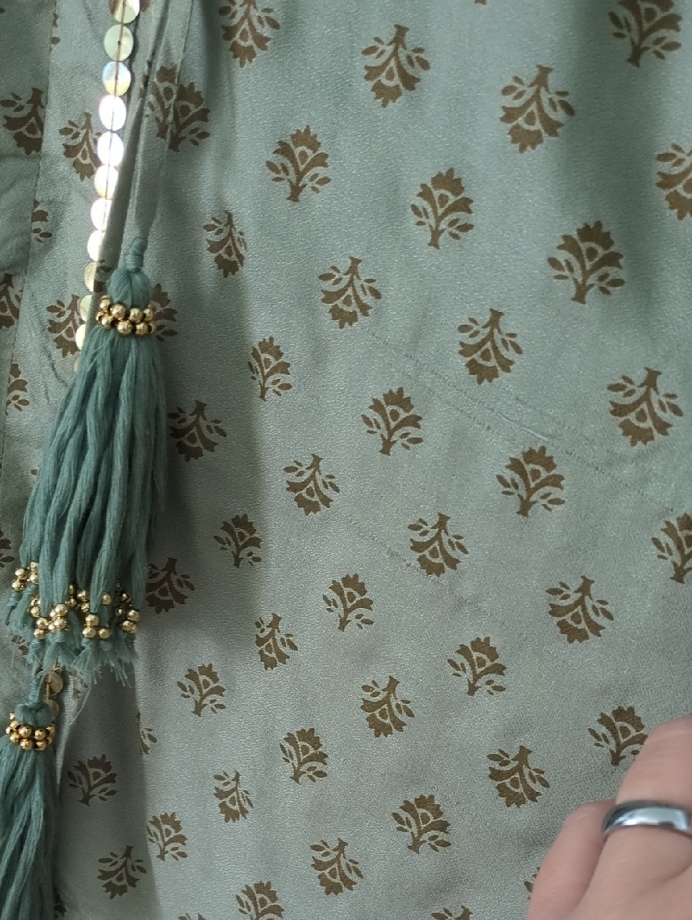 Miss June Paris Light Green Gold Dot Peasant Blouse - Women Tops Boho Beach Sz L - Picture 6 of 8